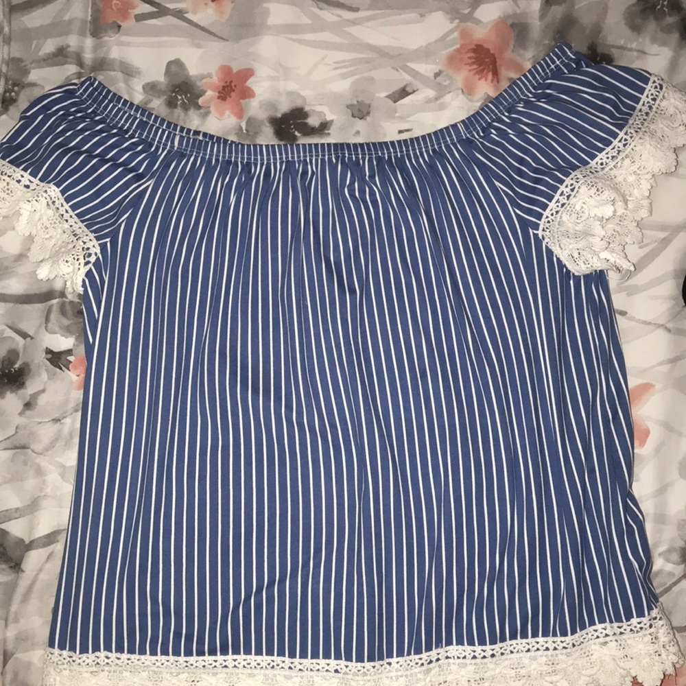 blue striped off the shoulders blouse